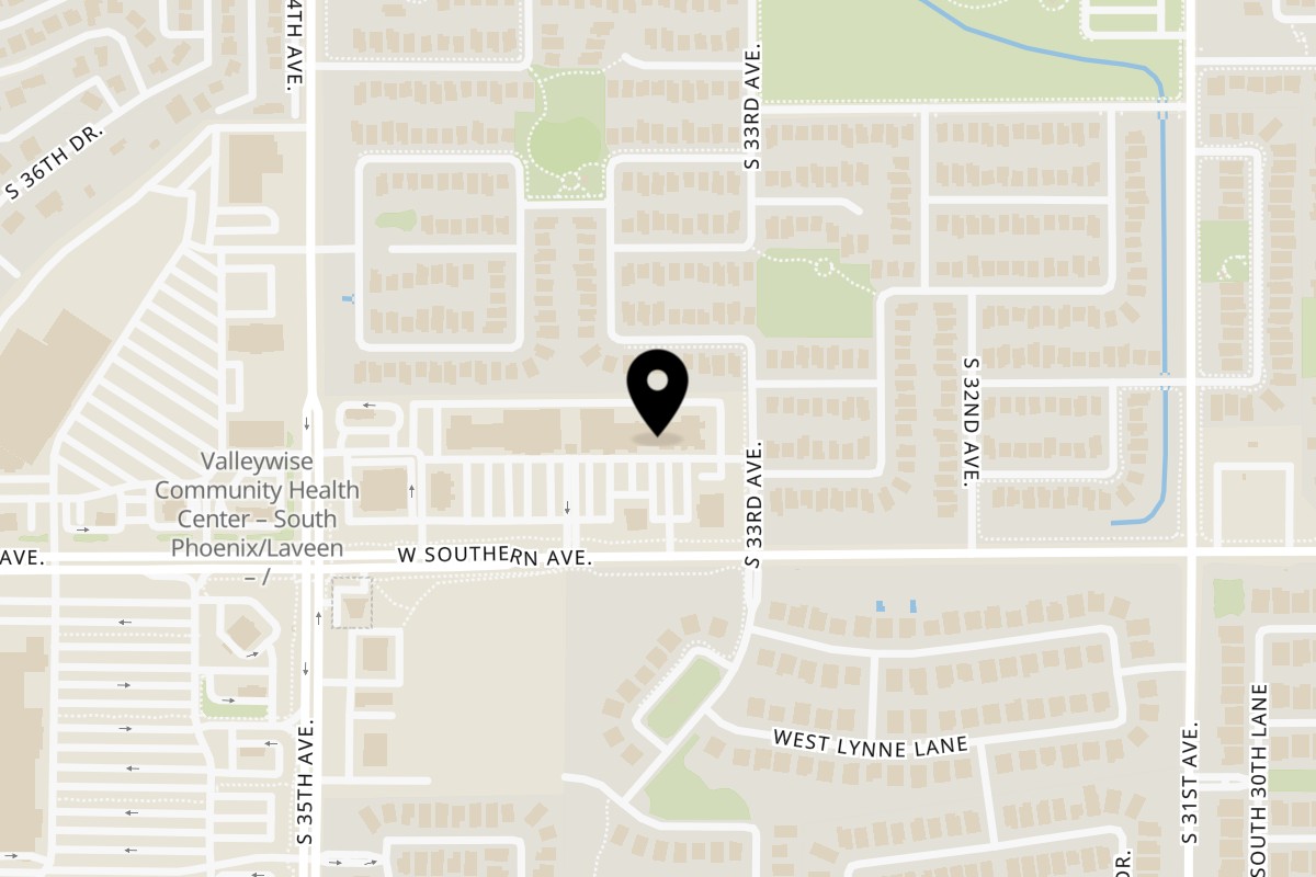 Map showing the location of ATL Wings on 3320 West Southern Avenue in Phoenix